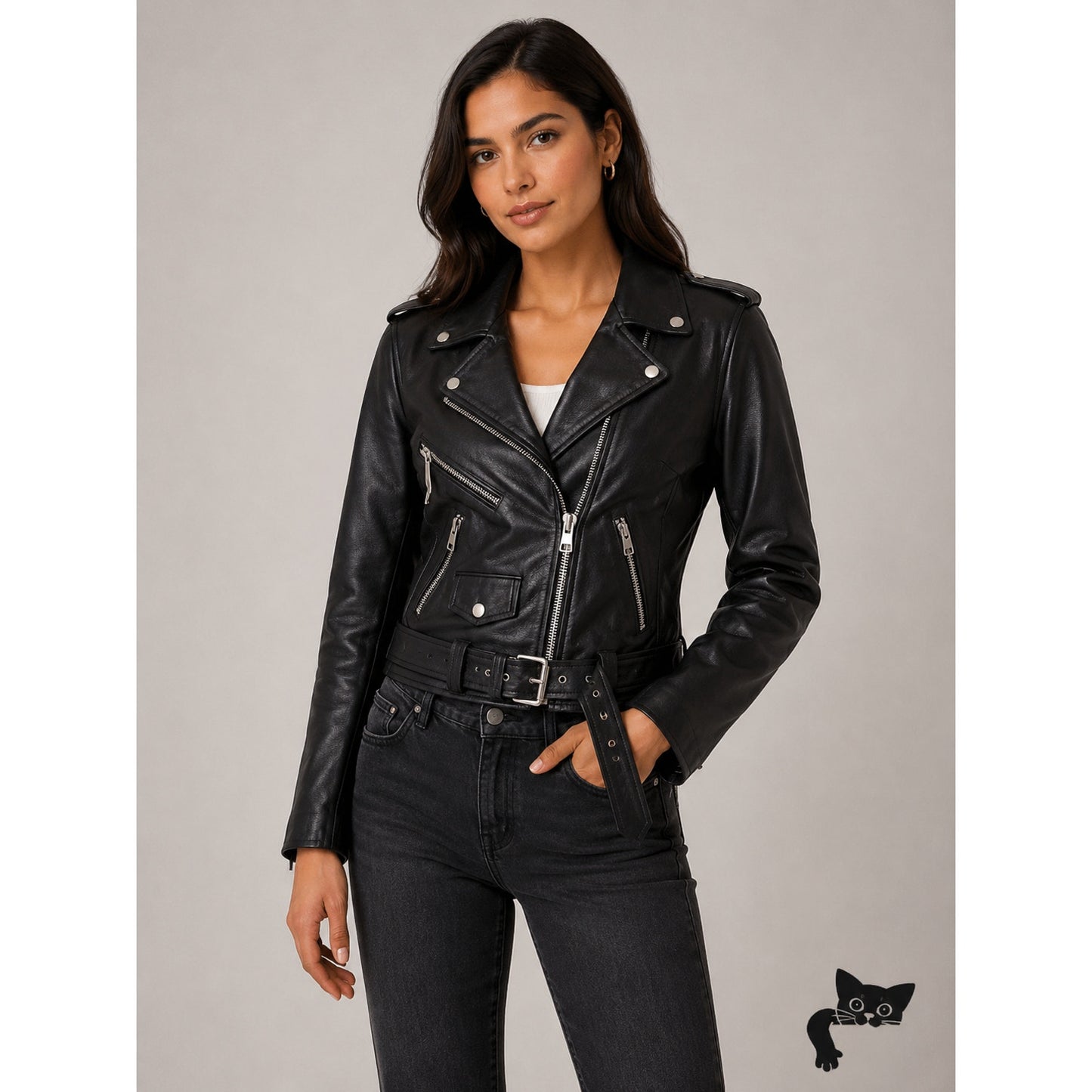 Carrie Hoxton Black Leather Moto Biker Jacket Women’s 14 Belted Zip
