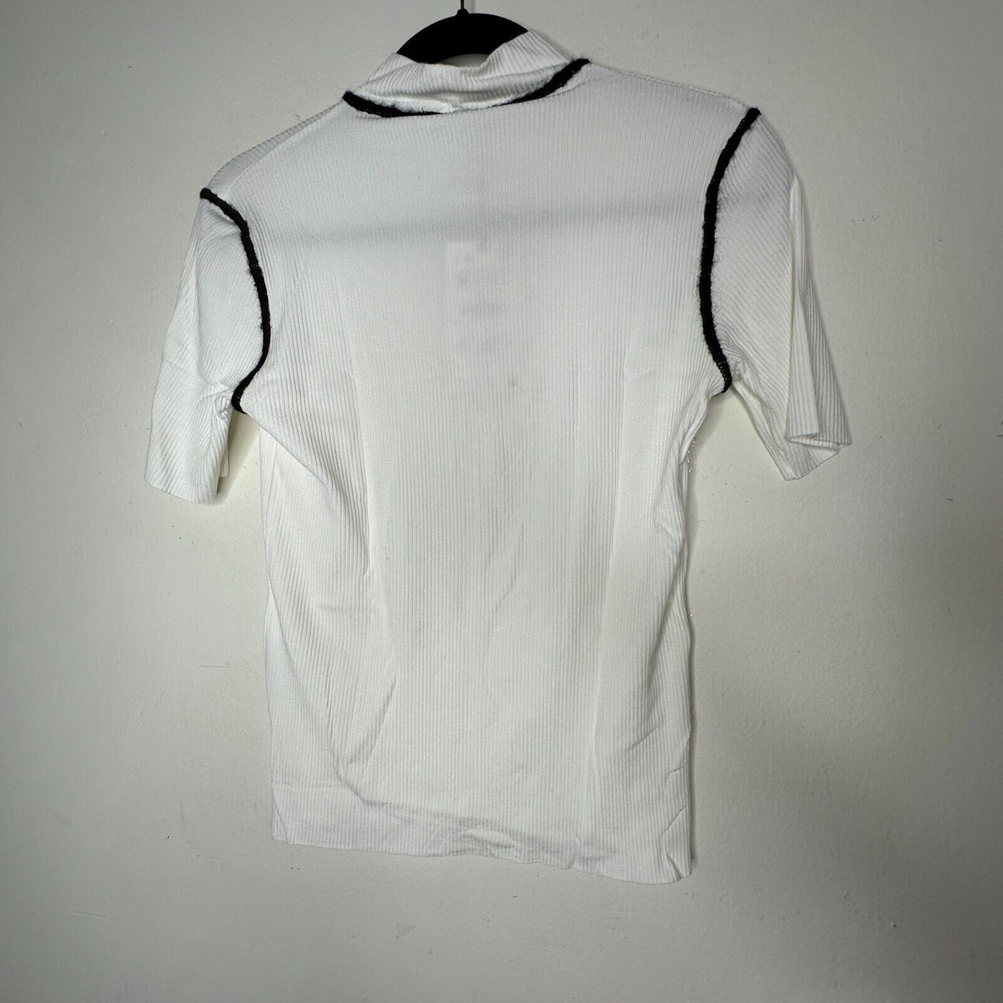 Zara Ivory Black Fuzzy Stitch Lining Mock Neck Short Sleeve Rib Raw Hem Top M