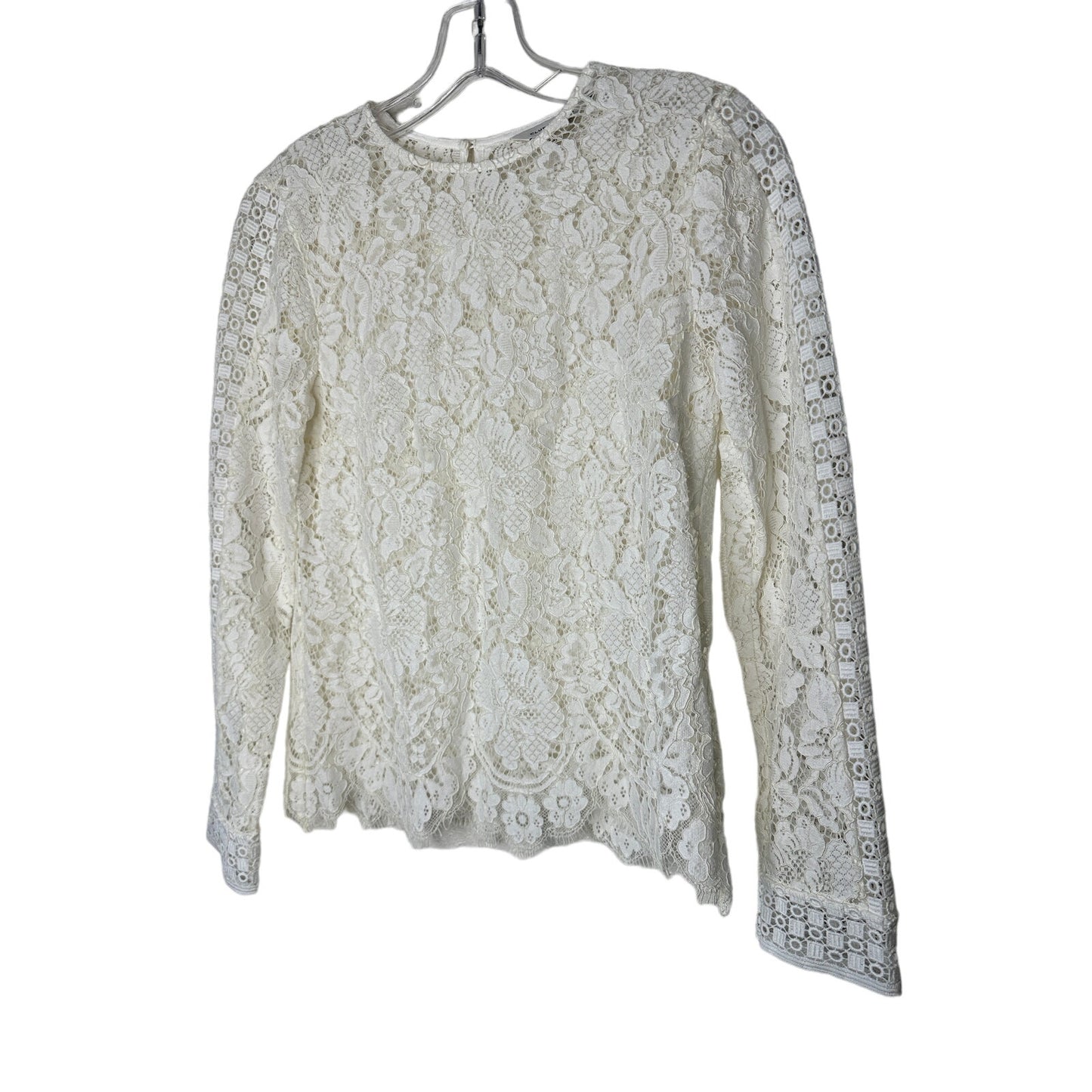 Club Monaco Ivory Floral Lace Round Neck Keyhole Back Long Sleeve Scalloped Hem Blouse XS