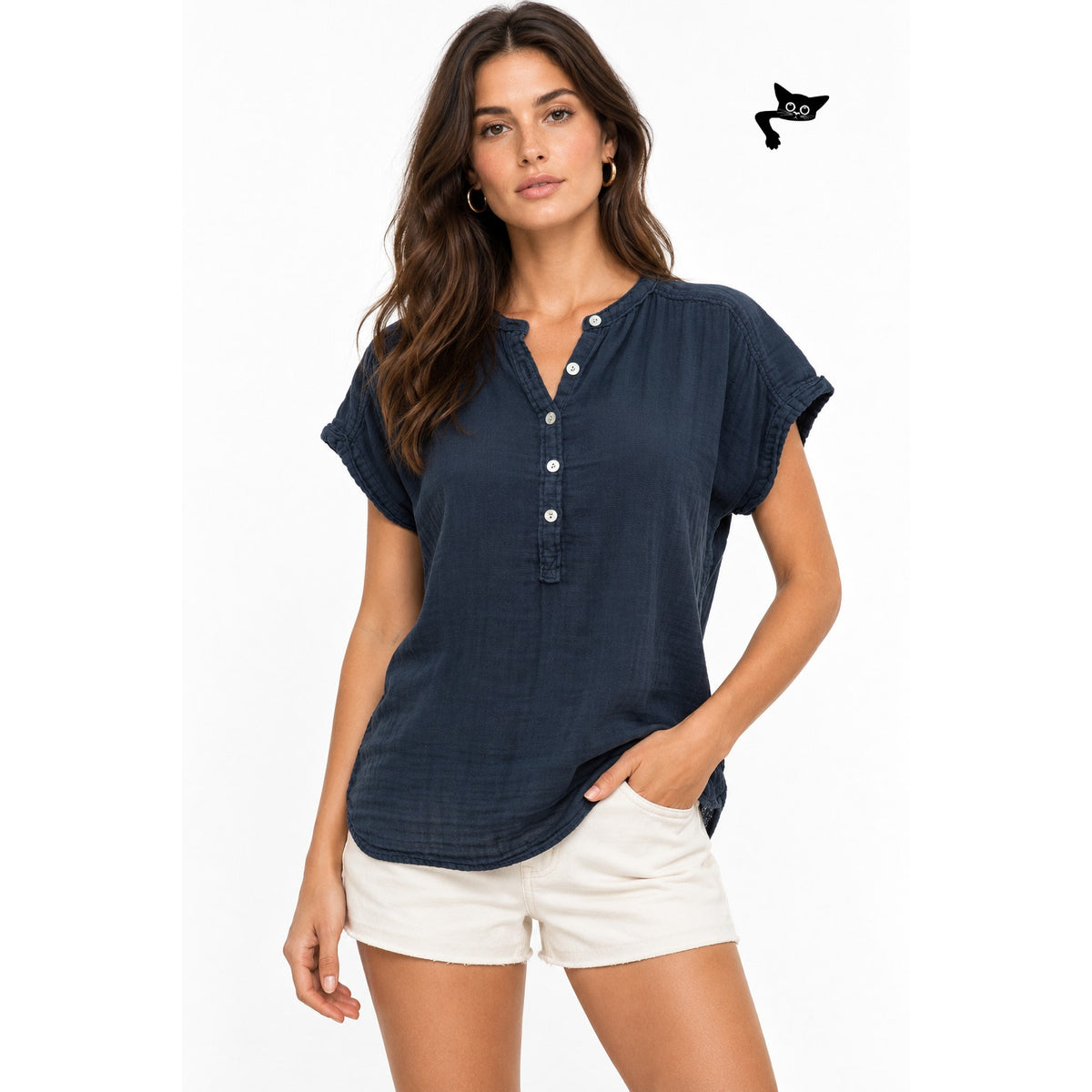 Faherty Dream Cotton Desmond Top Navy Organic Gauze Henley Women's US XS