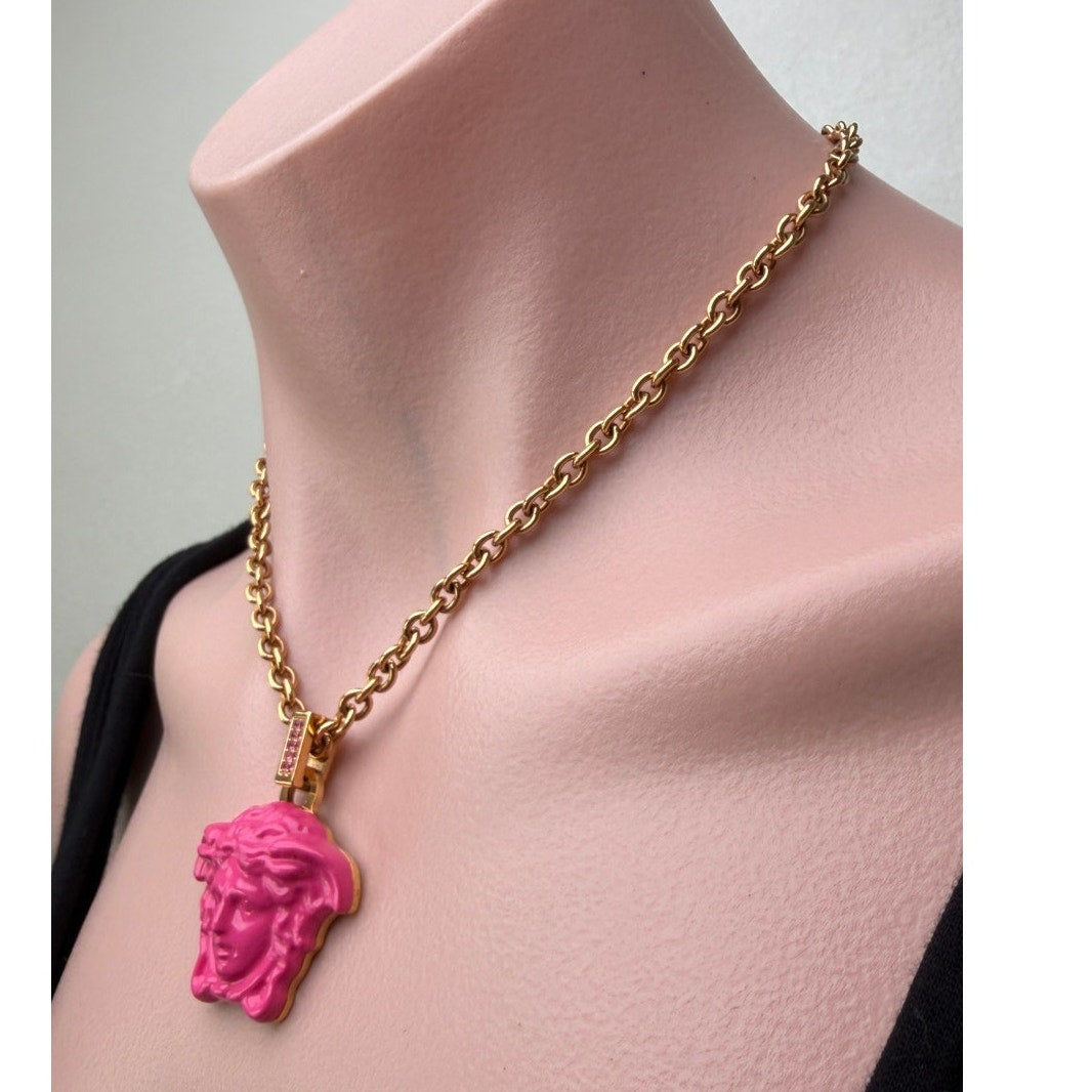 Versace Medusa Pink Resin Gold Tone Pendant Necklace