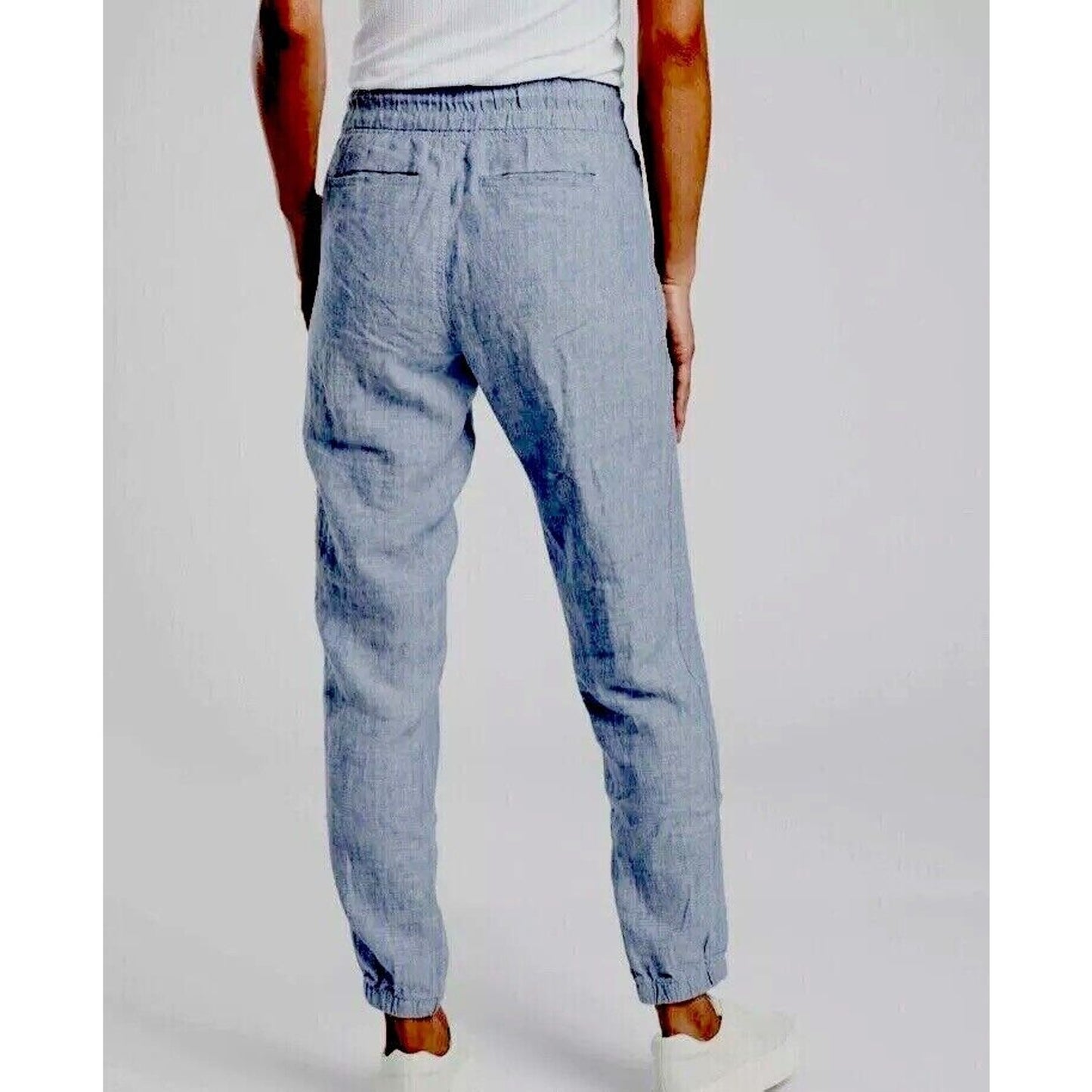 Athleta Chambray Blue Cabo Casual Linen Jogger Pant Tie Waist Front Zip 4