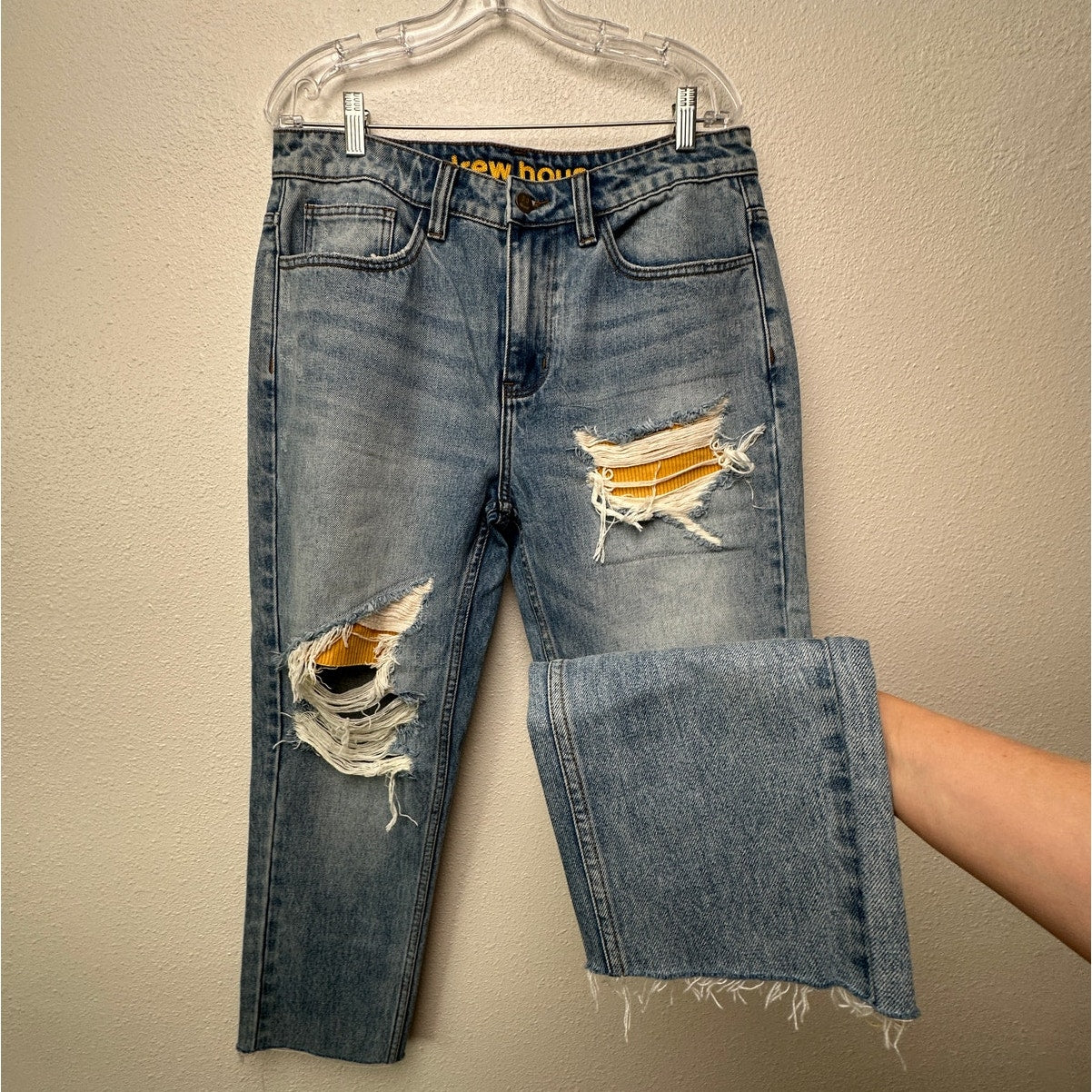Drew House Cropped Distressed Jeans Raw Hem Corduroy Patch Blue Size 32
