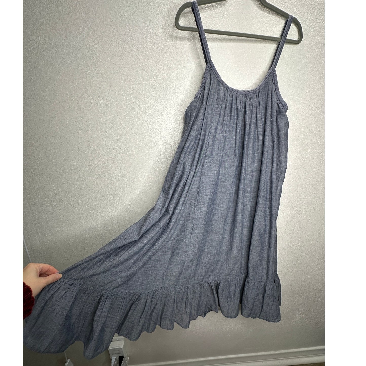 Vetiver Blue Gray Denim Round Braided Neckline & Strap Ruffle Dress 4