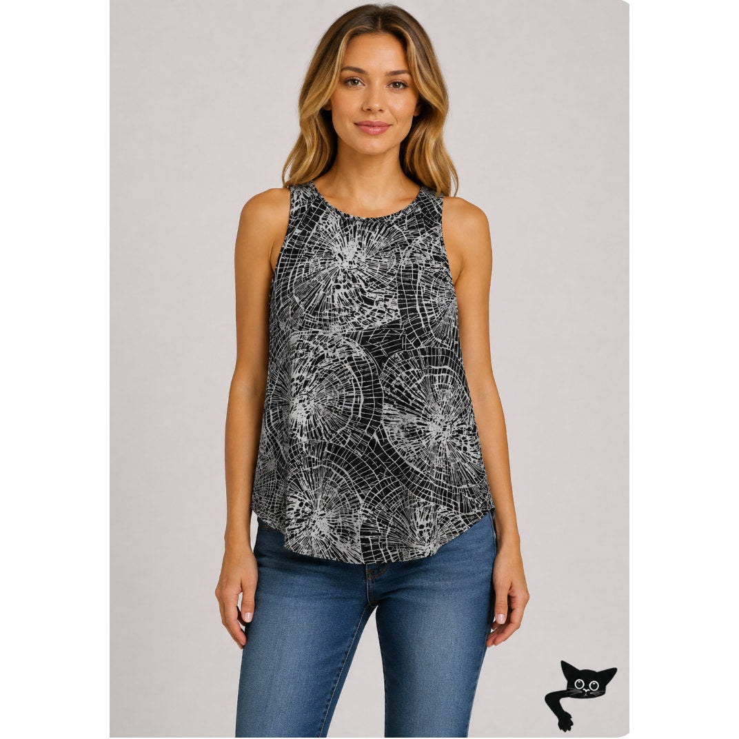 Ovi Black & White Wood Circle Design Keyhole Draped Back Sleeveless Blouse Small