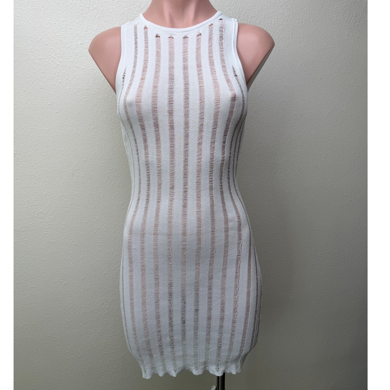 Superdown White Distressed Stripe Knit Sleeveless Cover Up Dress XS