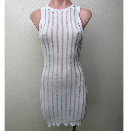 Superdown White Distressed Stripe Knit Sleeveless Cover Up Dress XS