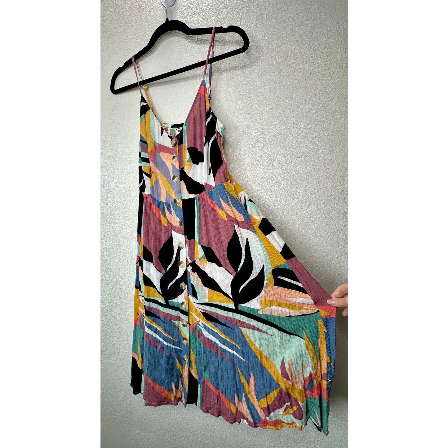 Rip Curl Black White Blue Abstract Tropical Print Button Front Swing Dress Boho M