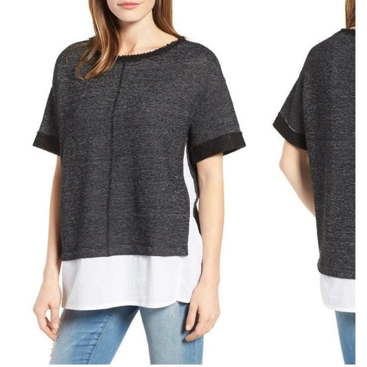 Caslon Black White Color Block Boxy Crewneck Woven Hem Striped Texture Top M