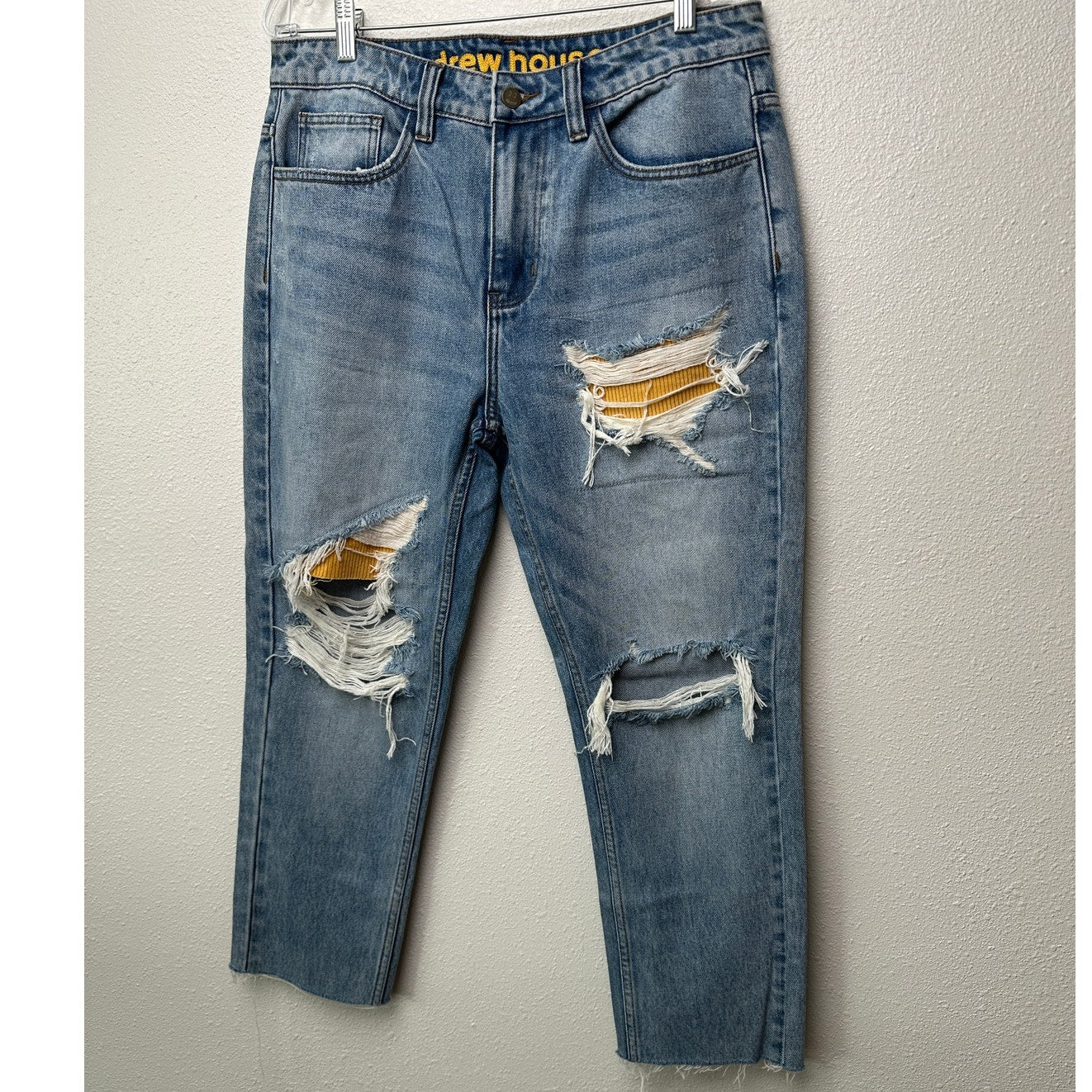 Drew House Cropped Distressed Jeans Raw Hem Corduroy Patch Blue Size 32