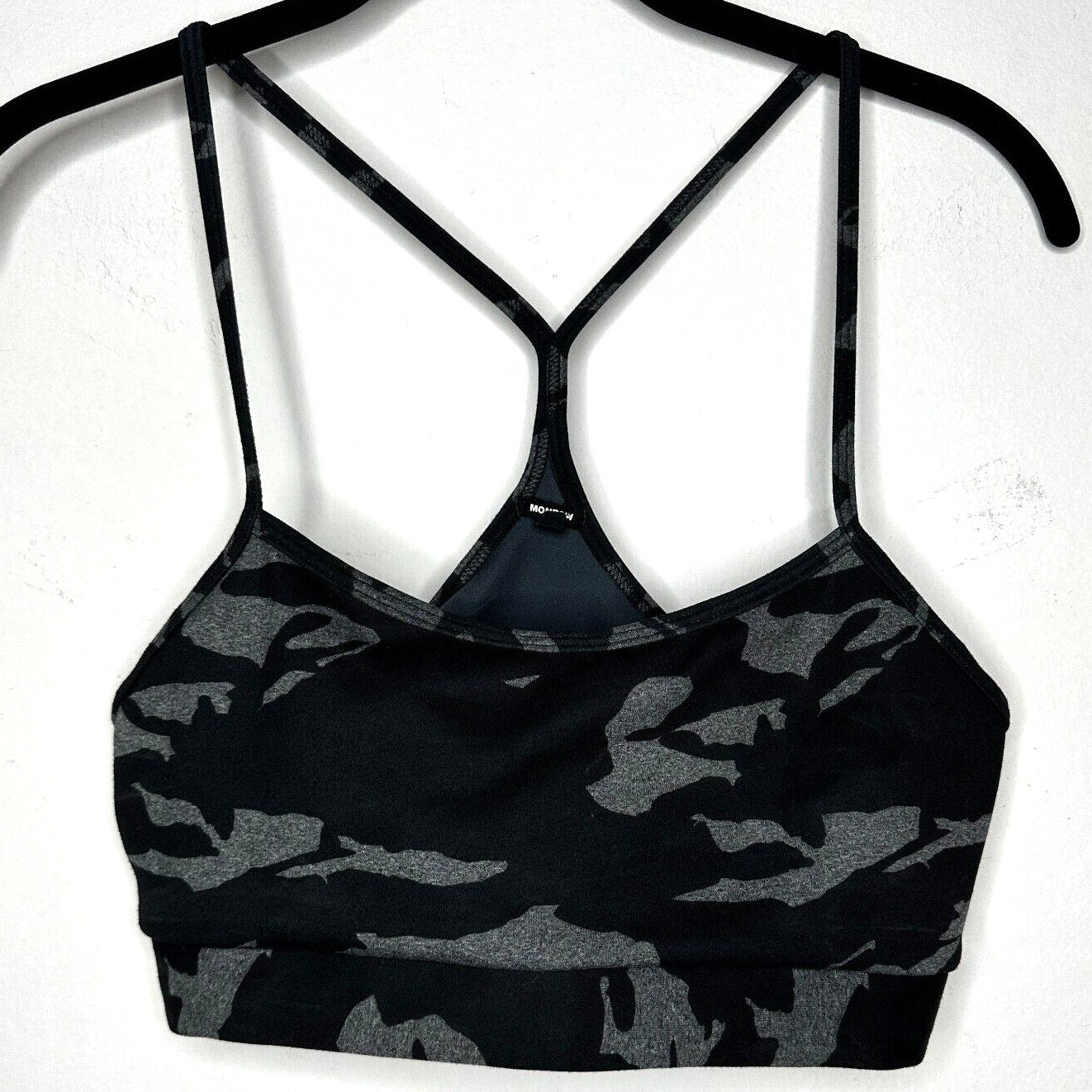 Monroe Black & Gray Camo Print Spaghetti Strap Scoop Racer T-back Sports Bra S