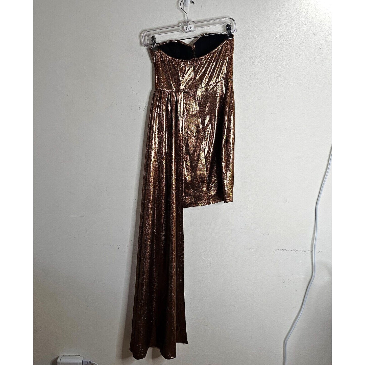 Bronze Gold Metallic Sweetheart Neck Sleeveless Bodycon Mini Long Sash Dress SM