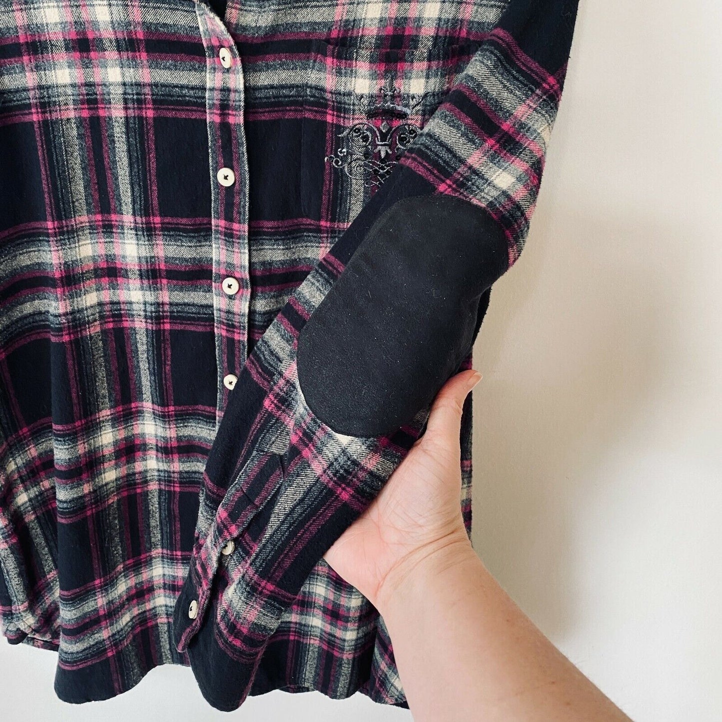 Soft Surroundings Magenta Black Plaid Button Elbow Patch Embroidered Pocket M