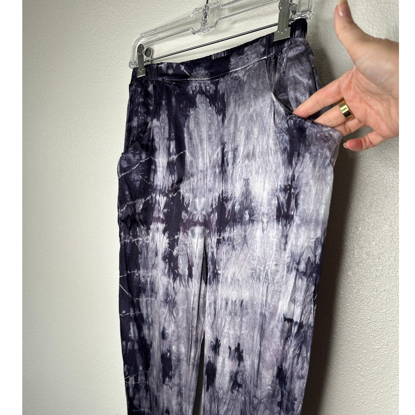Nation Ltd Purple Cream Tie Dye Satin Elastic Waist Pocketed Pants S