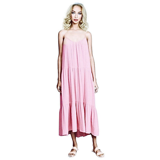 Xirena Pink Ruby Scoop Neck Tiered Ruffle Spaghetti Strap Krinkle Gauze Dress M