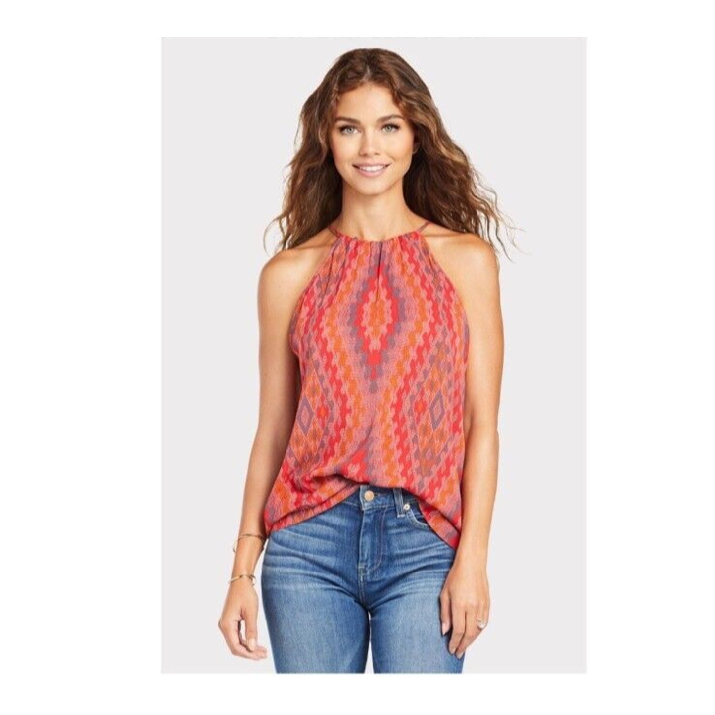 Allison Joy Alina Halter Firebrick Red Orange & Gray Aztec Sleeveless Top XS