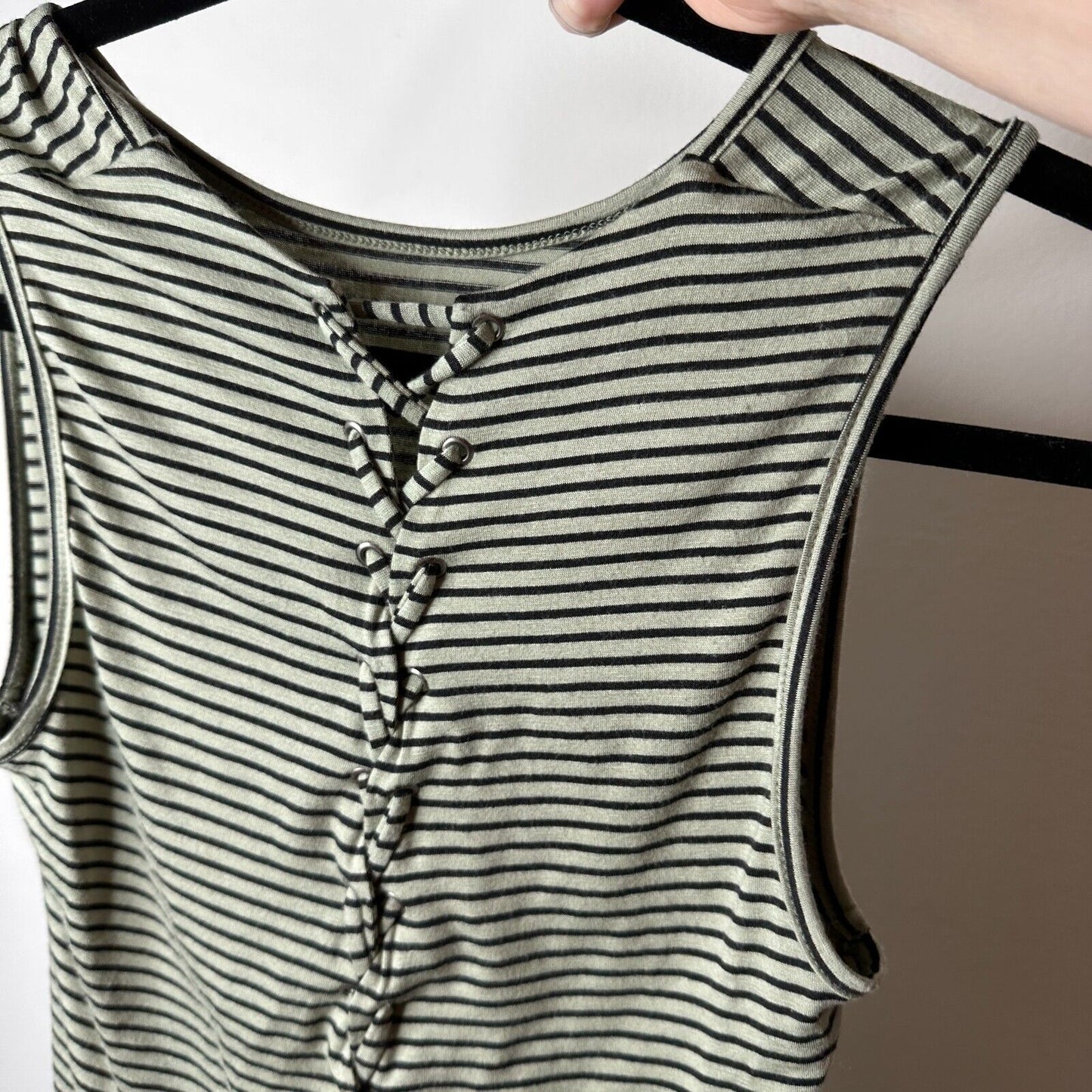Peyton Jensen Olive & Black Strip Lace Up Back Crew Neck Sleeveless Tank Top XS