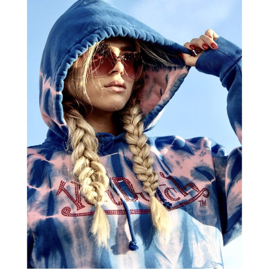Von Dutch SET Blue Pink Tie Dye Red Rhinestone Logo Oversize Hoodie & Pants