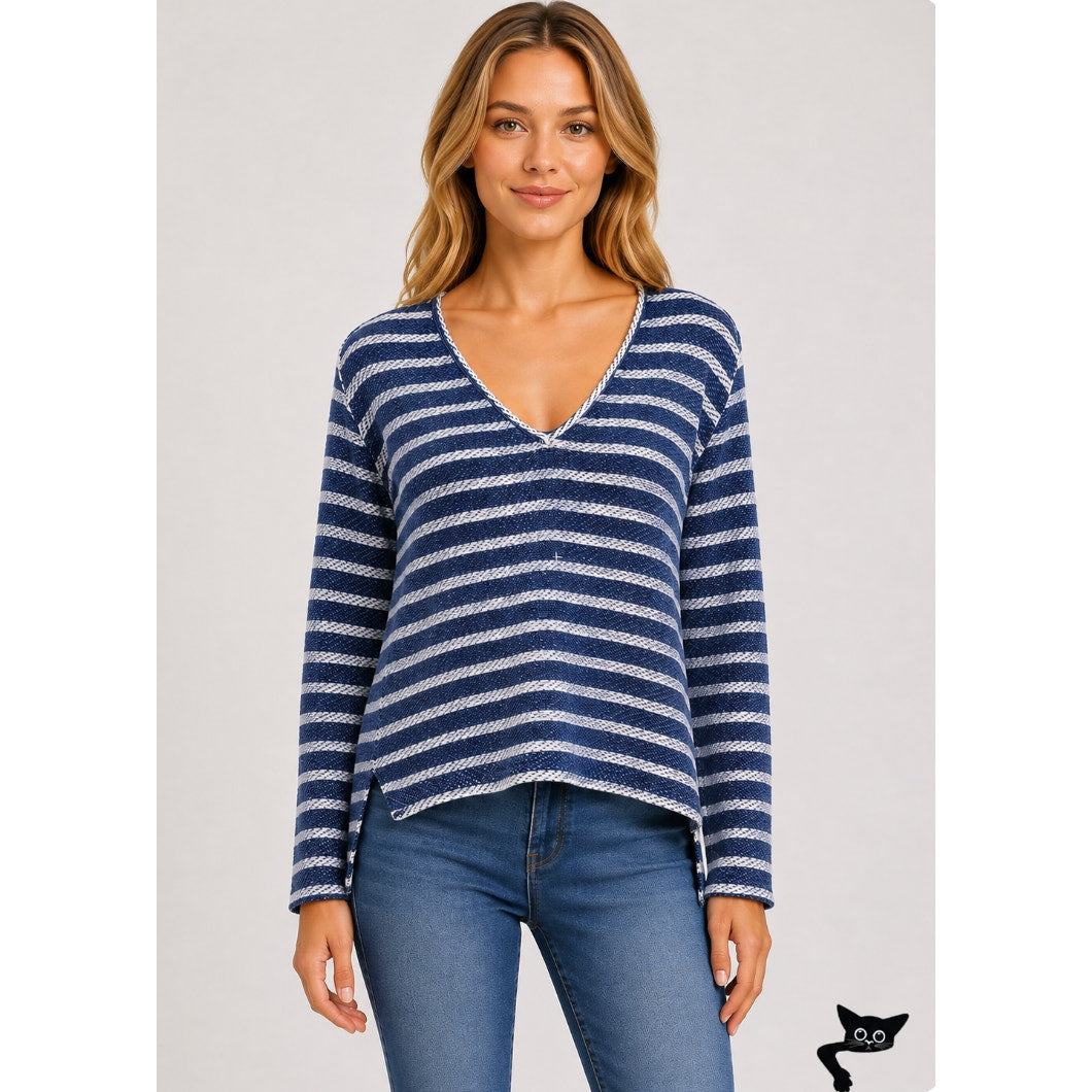 Paige Navy Blue White Martine Stripe Drop Shoulder Long Sleeve VNeck Sweater XS