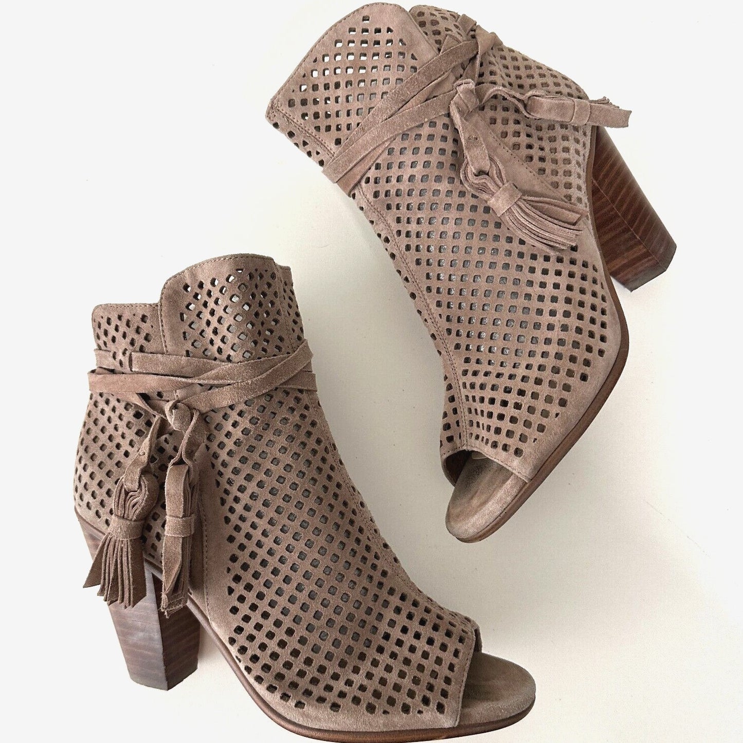 Vince Camuto Kamey Tan Taupe Suede Laser Cut Open Toe Tie Tassel Zip Booties 5.5