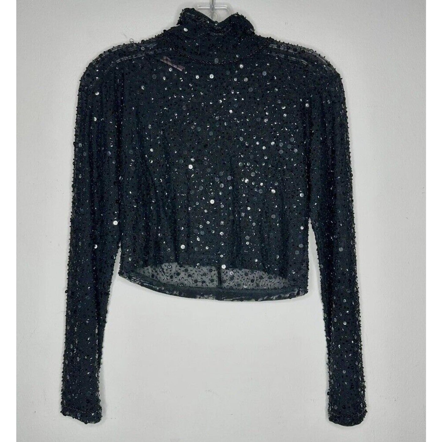 Dyspnea Sheer Black Sequin Mesh Mock Neck Long Sleeve Crop Top Hand Beaded Small