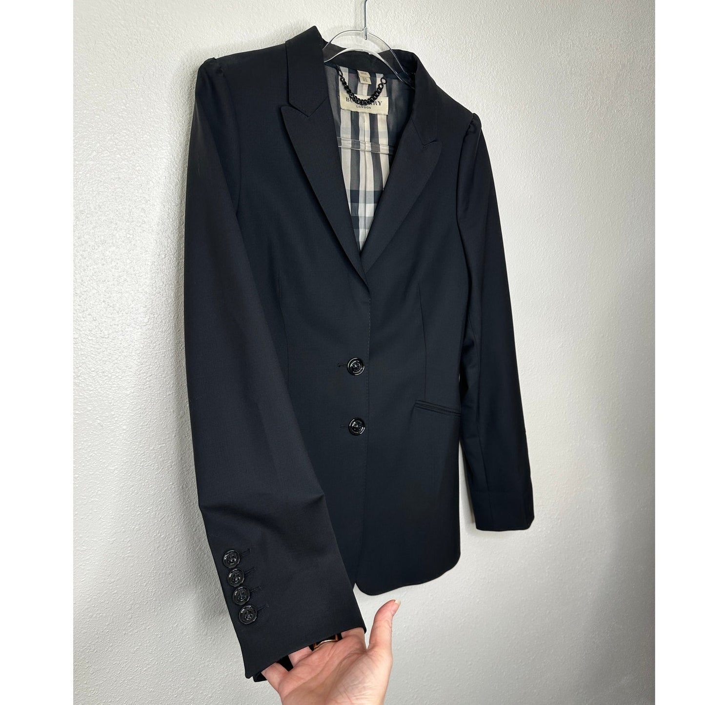 Burberry London Black 2-Button Wool Blazer Plaid Lined women's 8