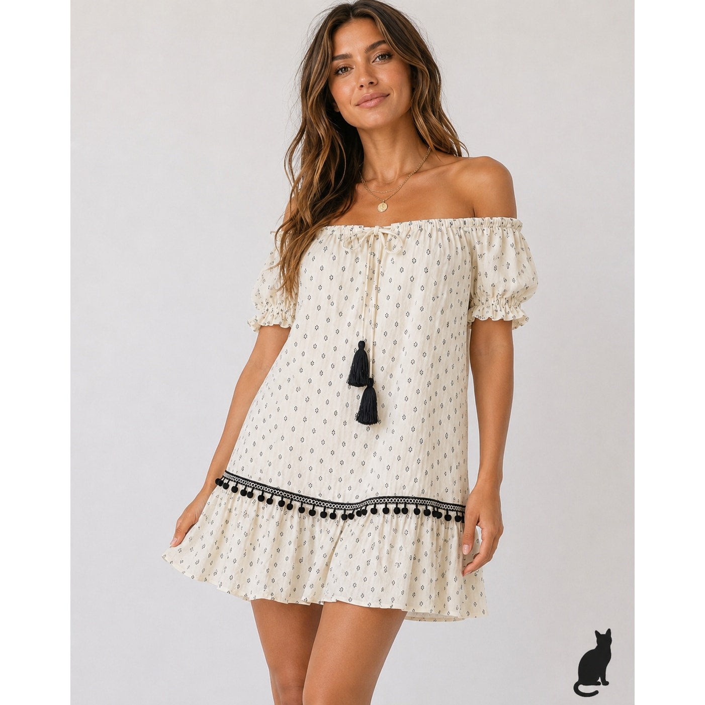 Minkpink Off-Shoulder Common Ground Cream Black Ruffle Mini Dress Pom Tassel XS