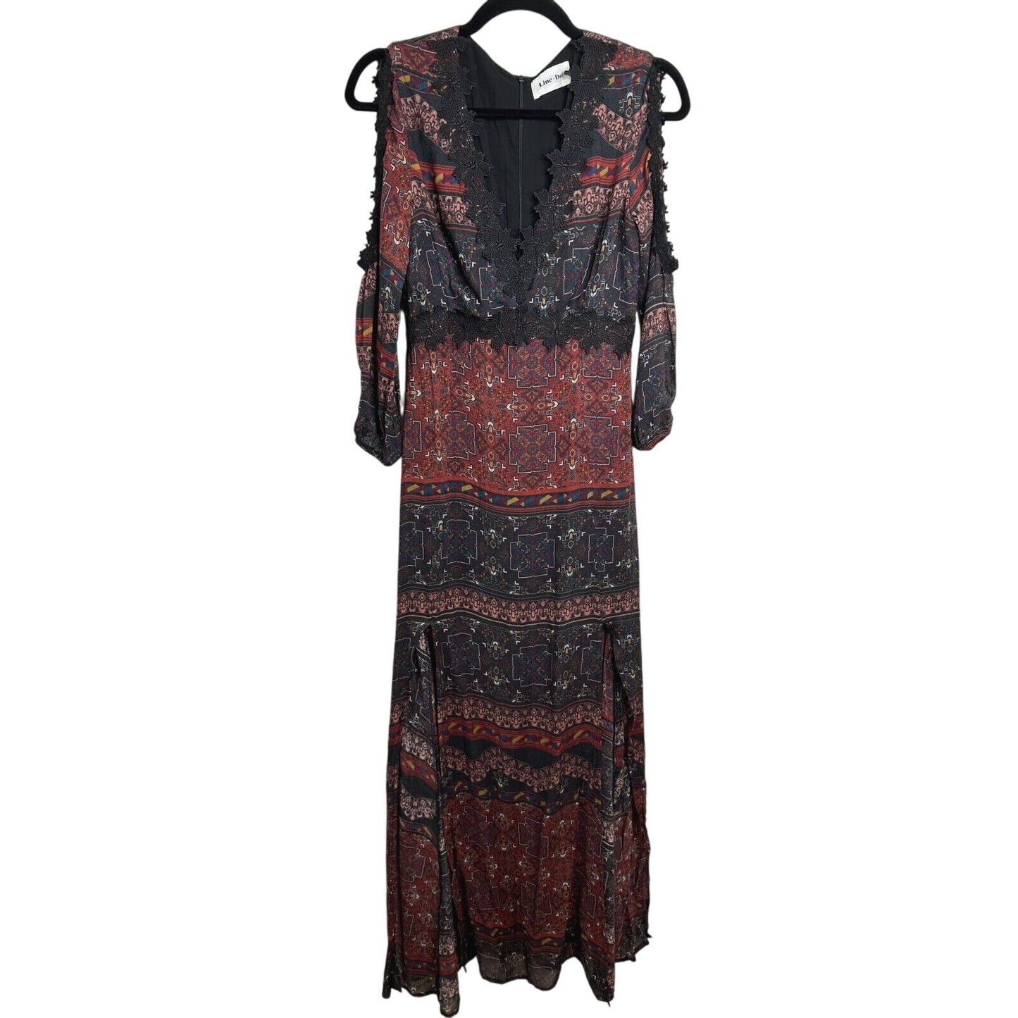Line & Dot Black Rust Aztec Lace Trim Slit Maxi Cold Shoulder Long Sleeve M
