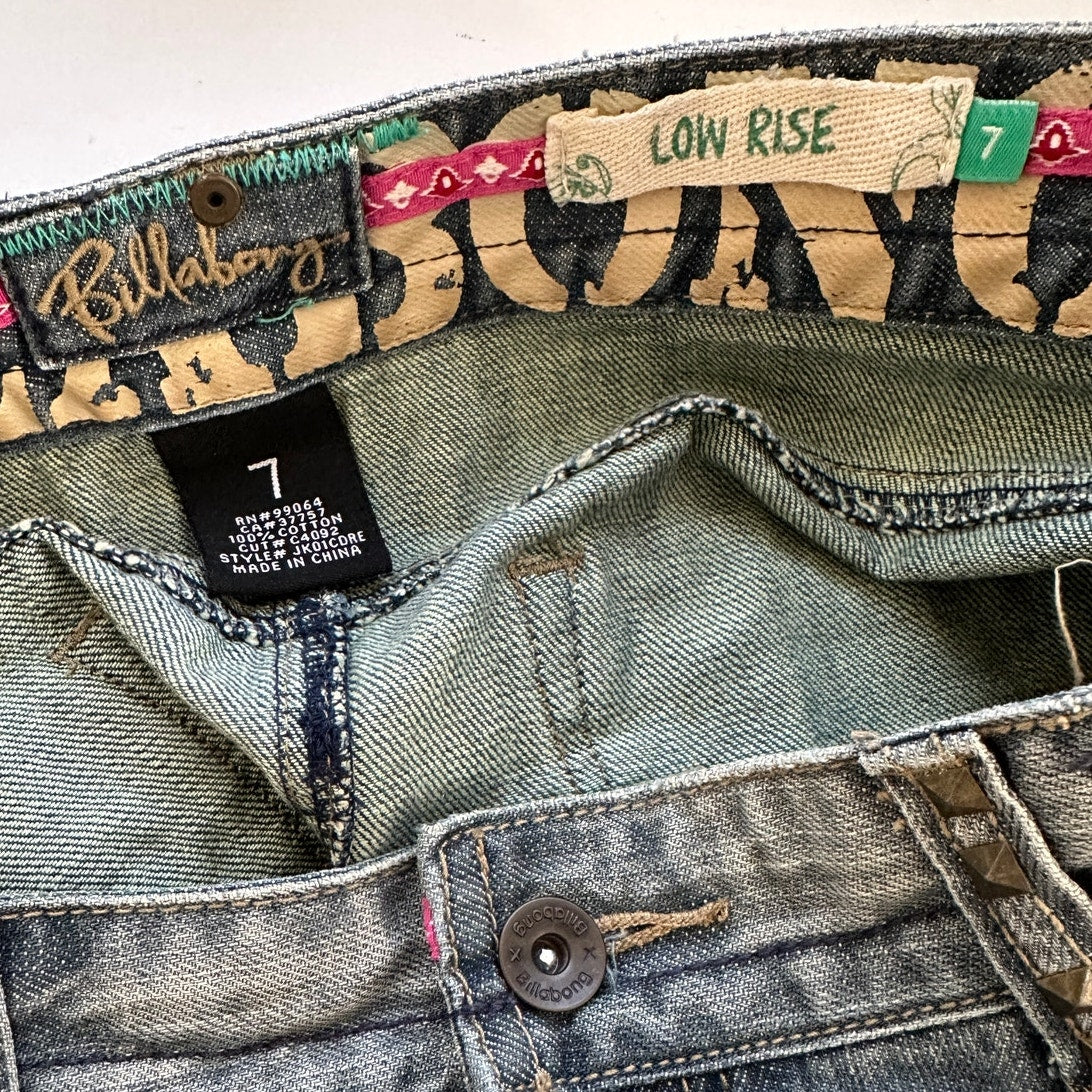 Billlabong Y2K Medium Wash Low Rise Tan Stitching Jean Skirt 7