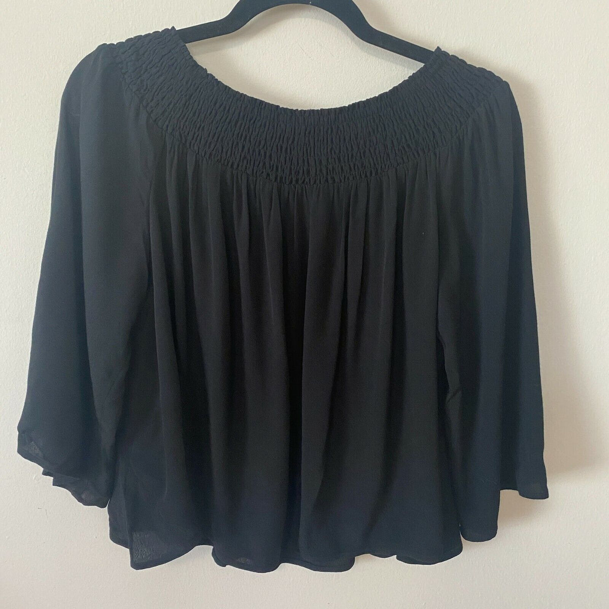Aritzia Talula Marcilly Off Shoulder Ribbed Black Flowy Blouse Bell Sleeve SM