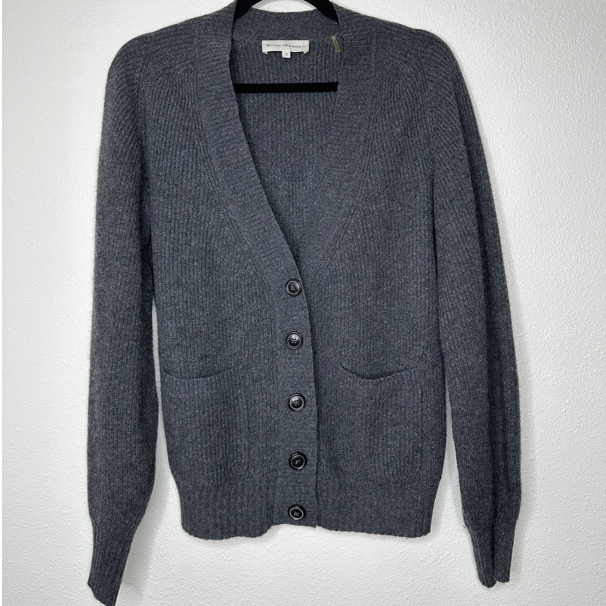 White + Warren Gray Recycled Cashmere Ribbed Button Boyfriend Cardigan S