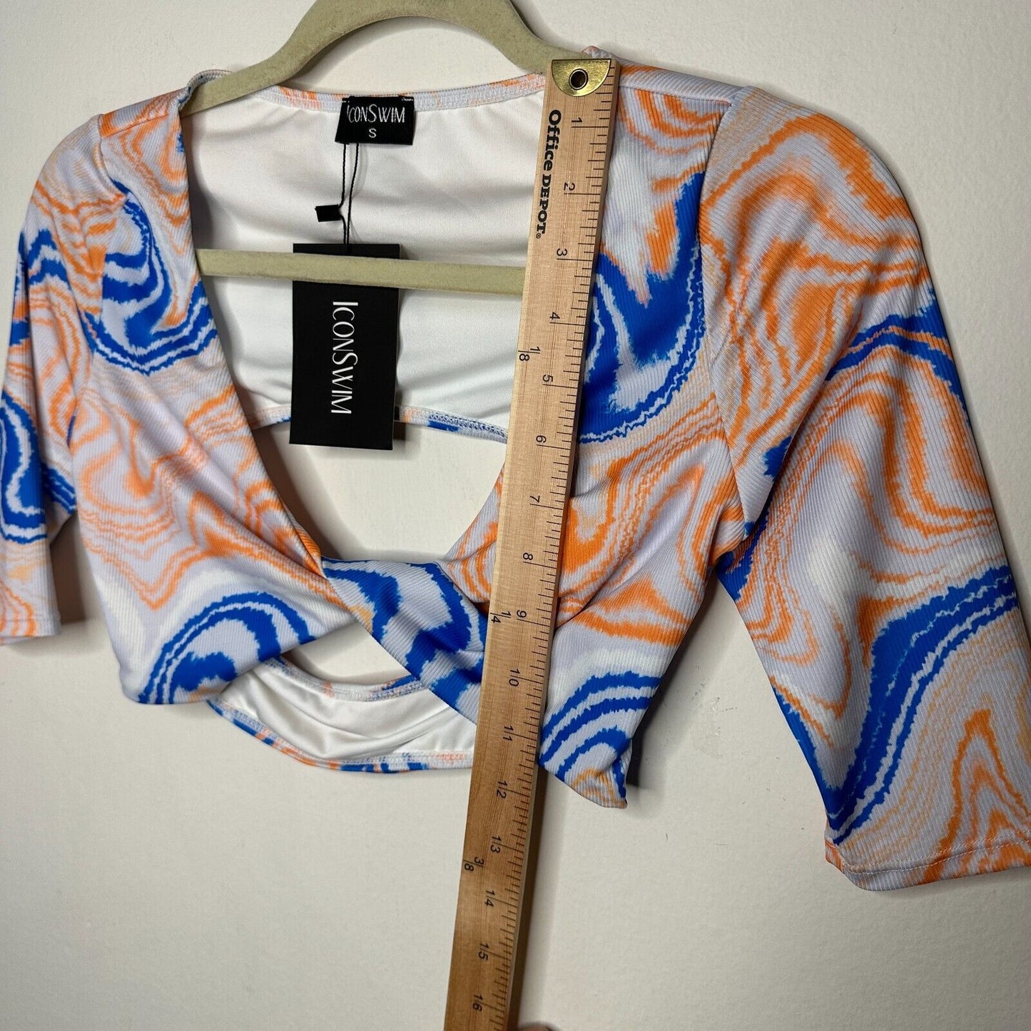 NWT Icon Swim White Blue Orange Sunset Dive Wave Print Twist Front Crop Top Small