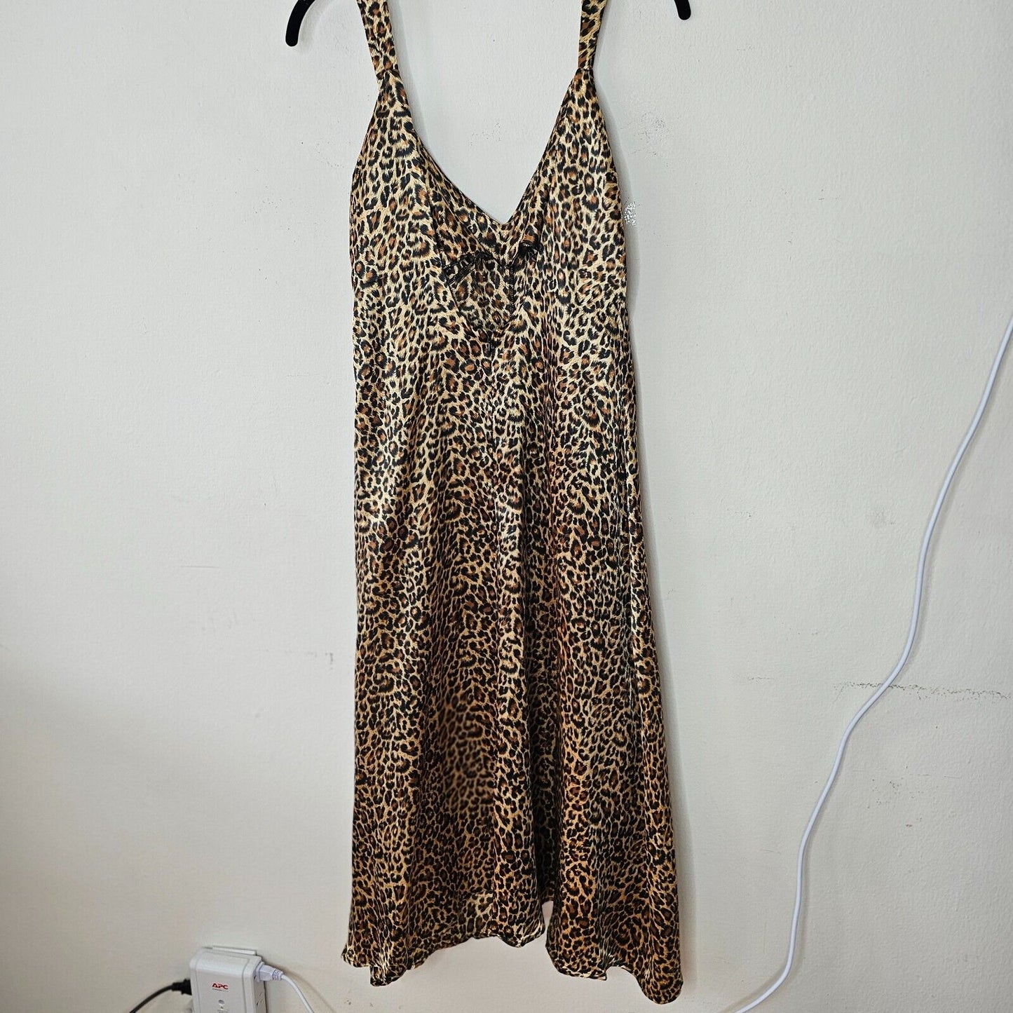 Dance & Marvel Tan Black Satin Cheetah Print V-Neck Front Slit Midi Dress L