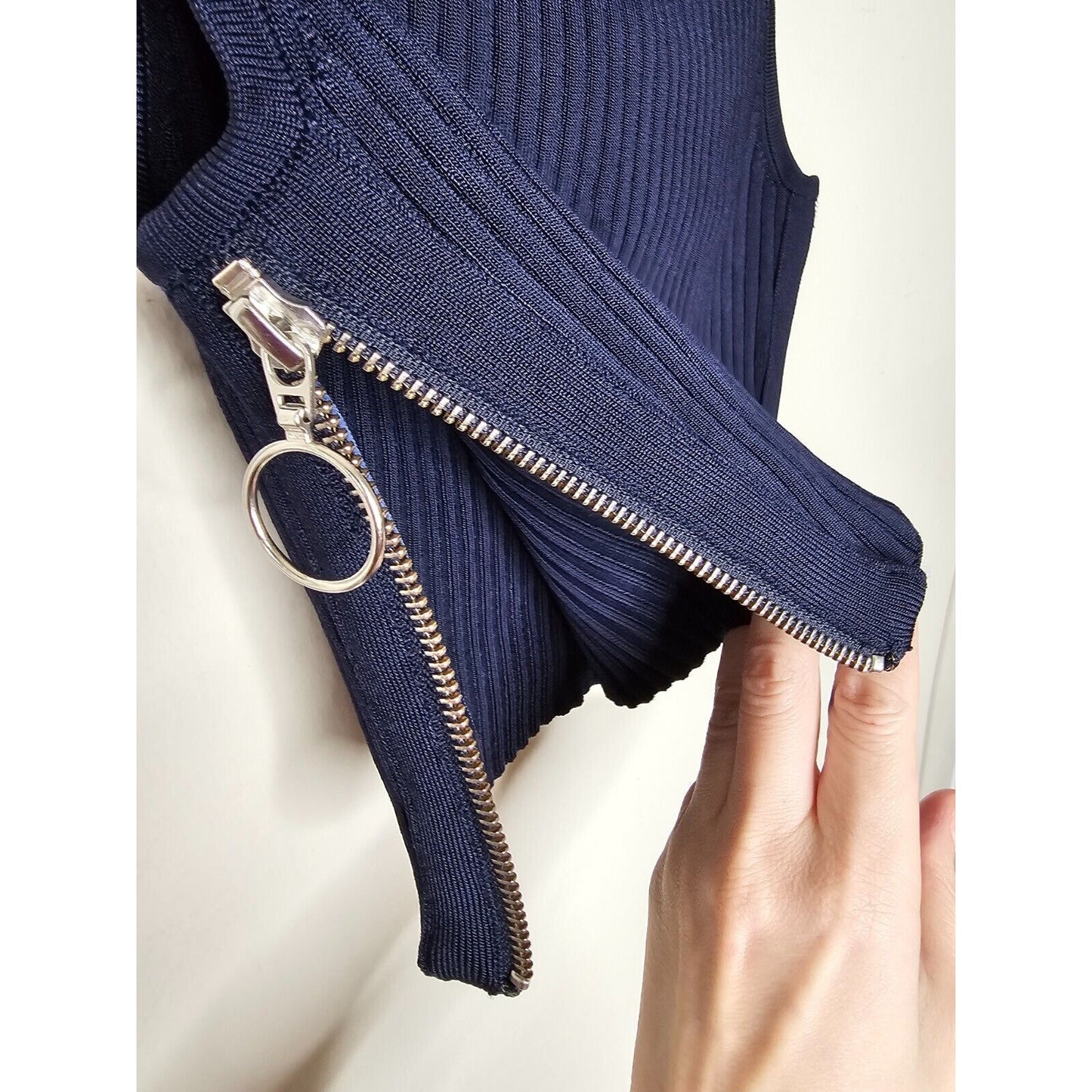 Arc Navy Blue Off Shoulder Ribbed Sweater Silver Side Zip Crop Top P S