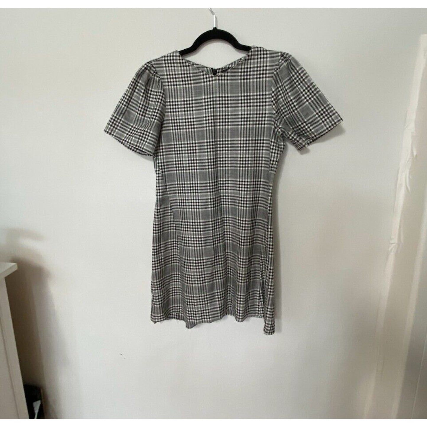 Zara Cute Gingham Plaid Shift Dress Short Sleeve Small Black and White Small
