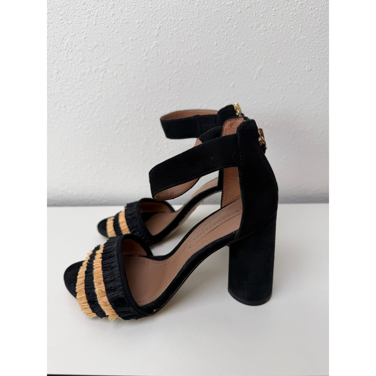 BCBGMaxAzria Alonza Raffia Heels Black Tan Womens US 7.5
