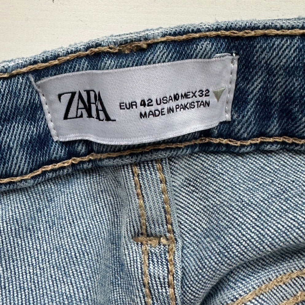 Zara Medium Light Wash Whiskered Raw Hem Mini Flare Leg Midrise Crop Jean 10