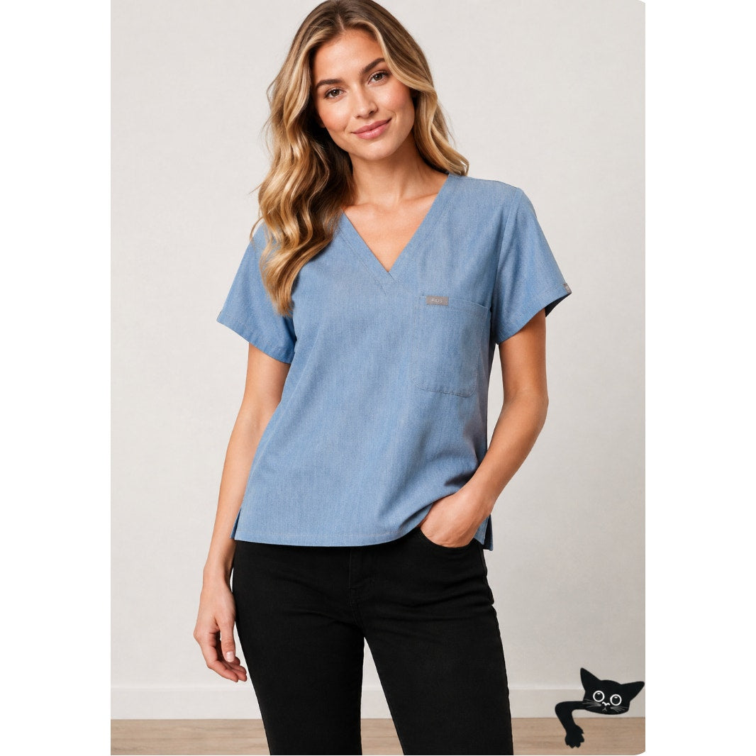 Figs Denim Blue Catarina VNeck Split Hem Short Sleeve Top S