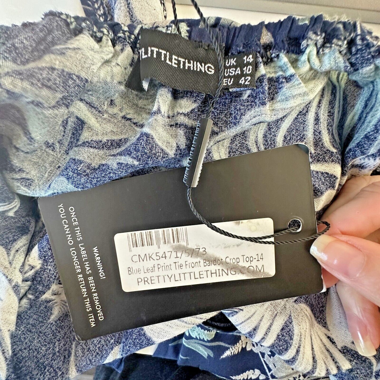 NWT Pretty Little Thing Blue Leaf Print Tie-Front Bell Sleeves Crop Top Size 10