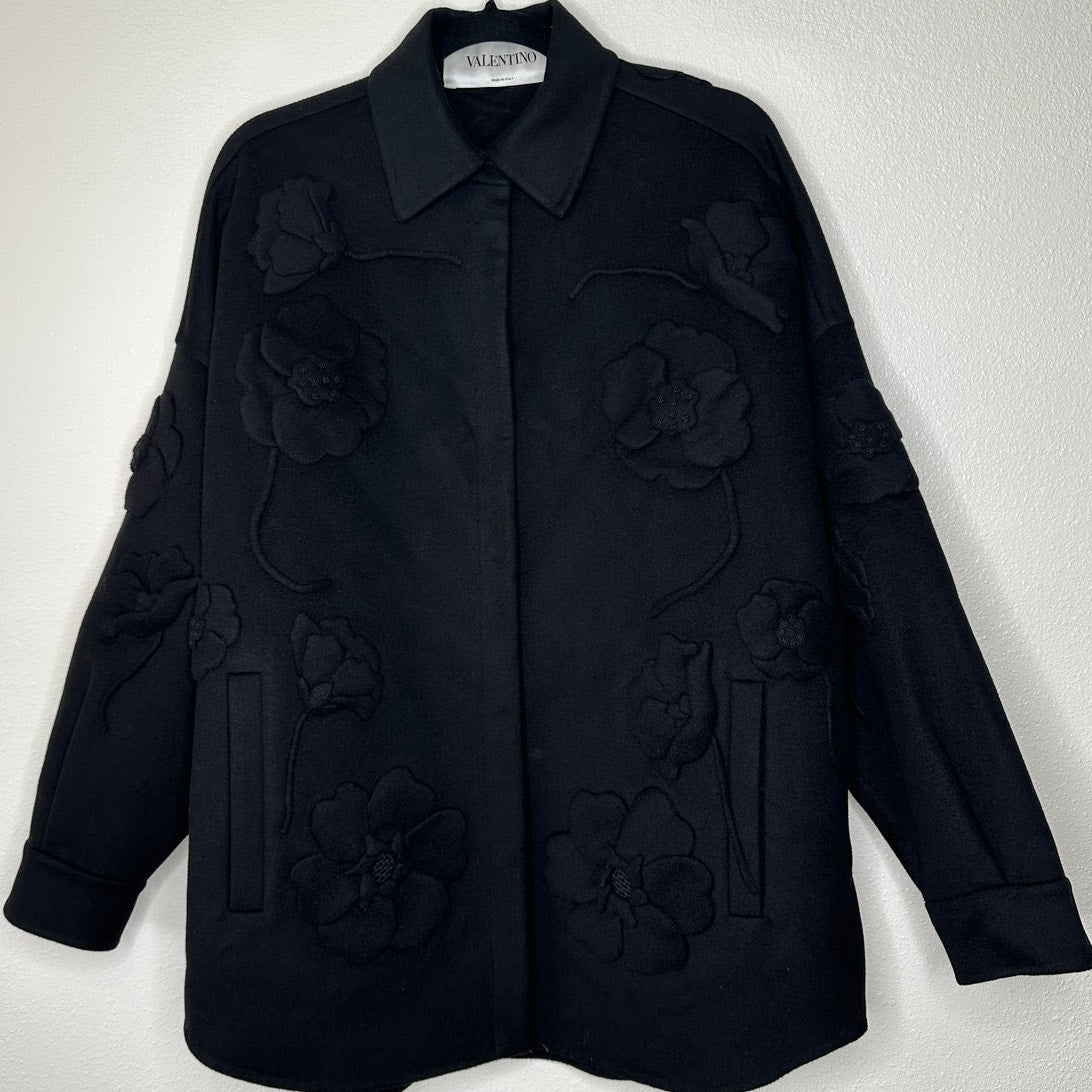 Valentino Garavani Black Wool-Cashmere Floral Applique Jacket