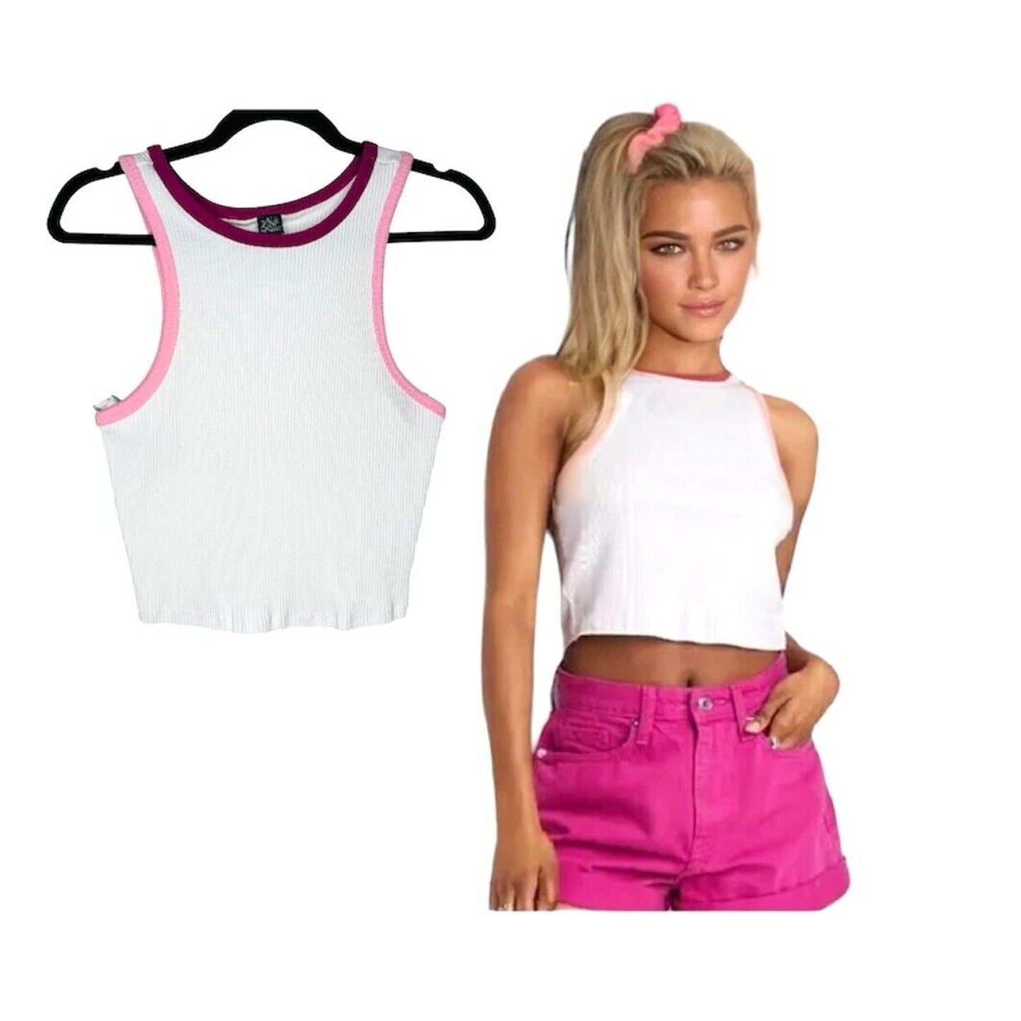 Wild Fable Sassy White Rib Knit Racer Tank Crop Top Pink & Purple Neck Trim L