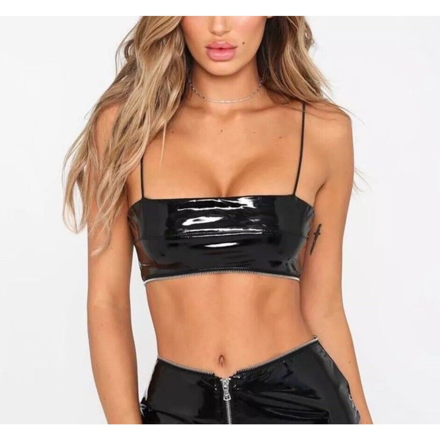 I. Am. Gia. Black Isla Patent Leather Bralette Spaghetti-Strap Zipper Detail XS