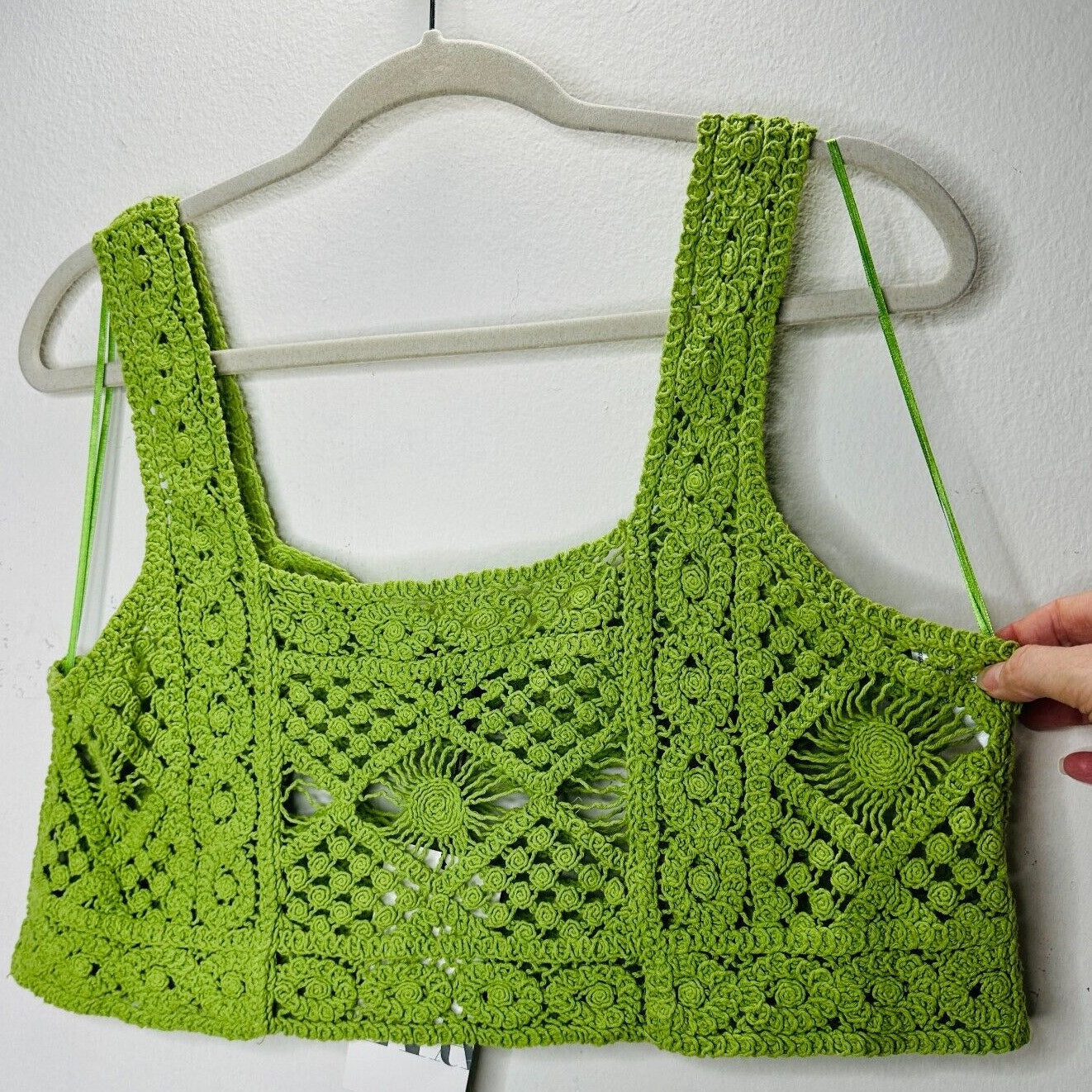 NWT Zara Cute Boho Lime Green Square Neck Boxy Crochet Crop Tank Top Small