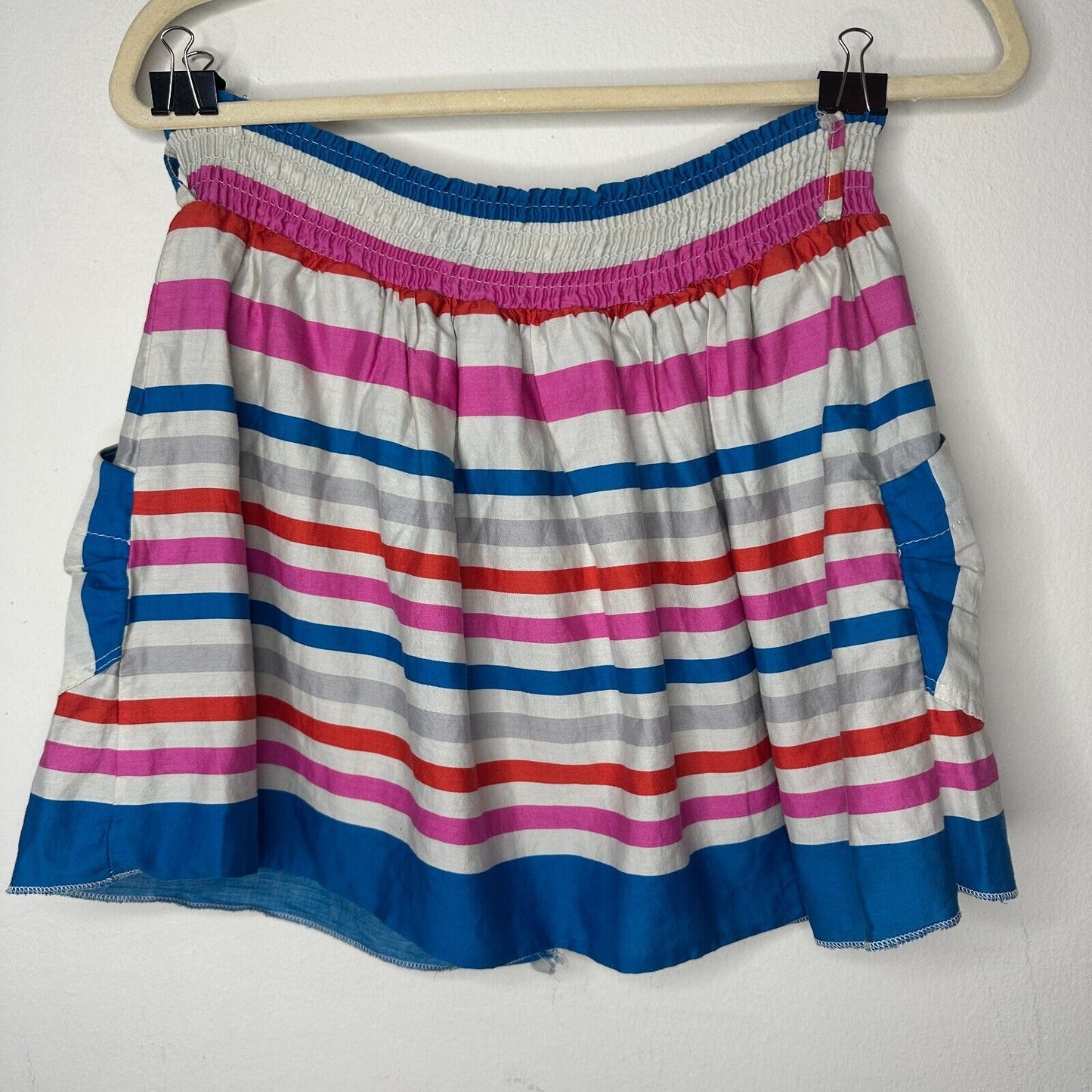 Nautical Blue Pink White Gray Stripe Button Front Patch Pockets Mini Skirt Small