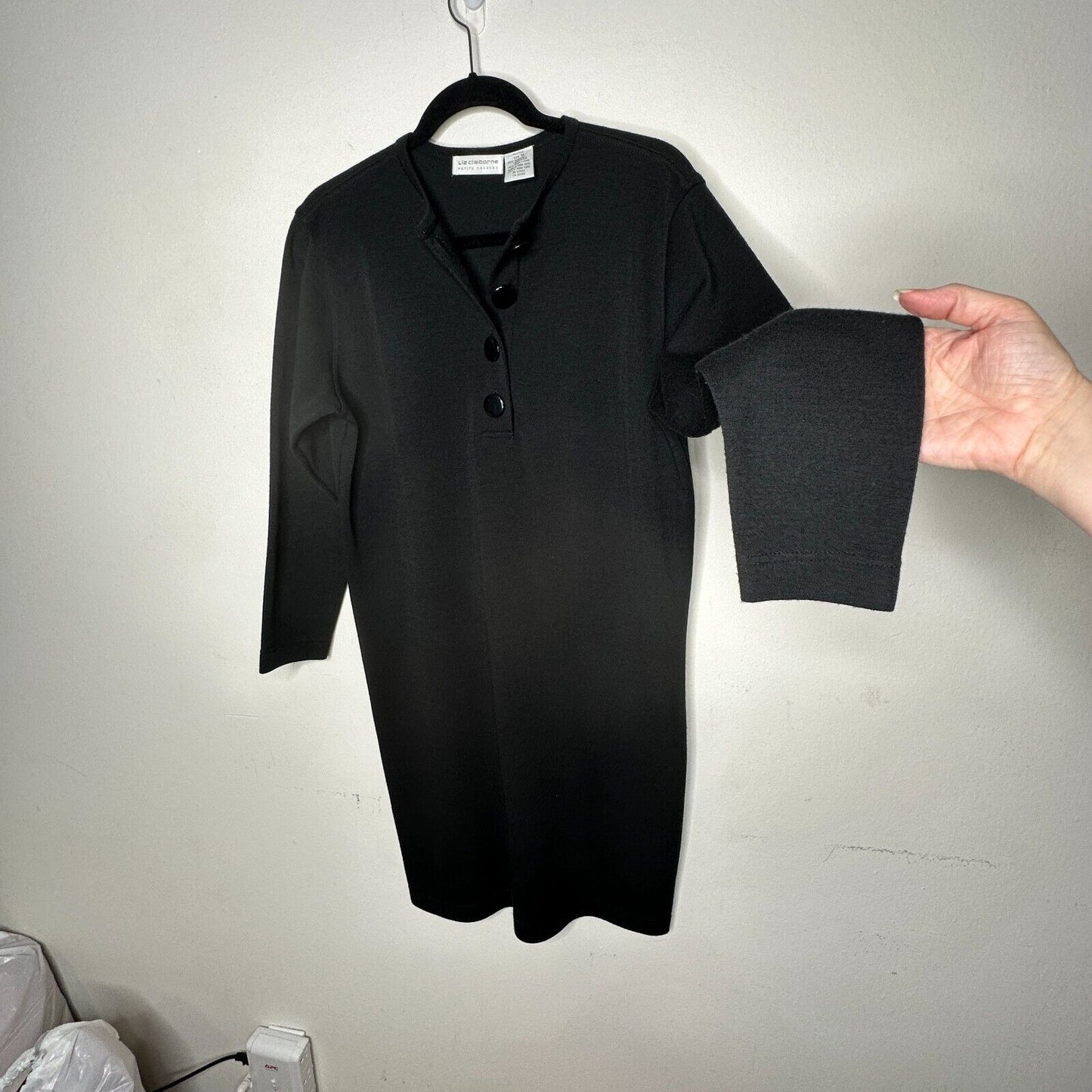 Liz Claiborne Black Henley V-Style Half Button 3/4 Sleeve Wool Dress M