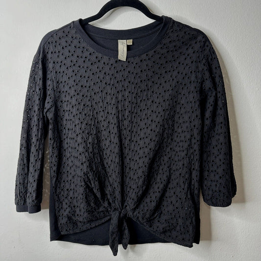 Allison Joy Black Eyelet Lace Front Tie 3/4 Sleeve Round Neck Blouse XS