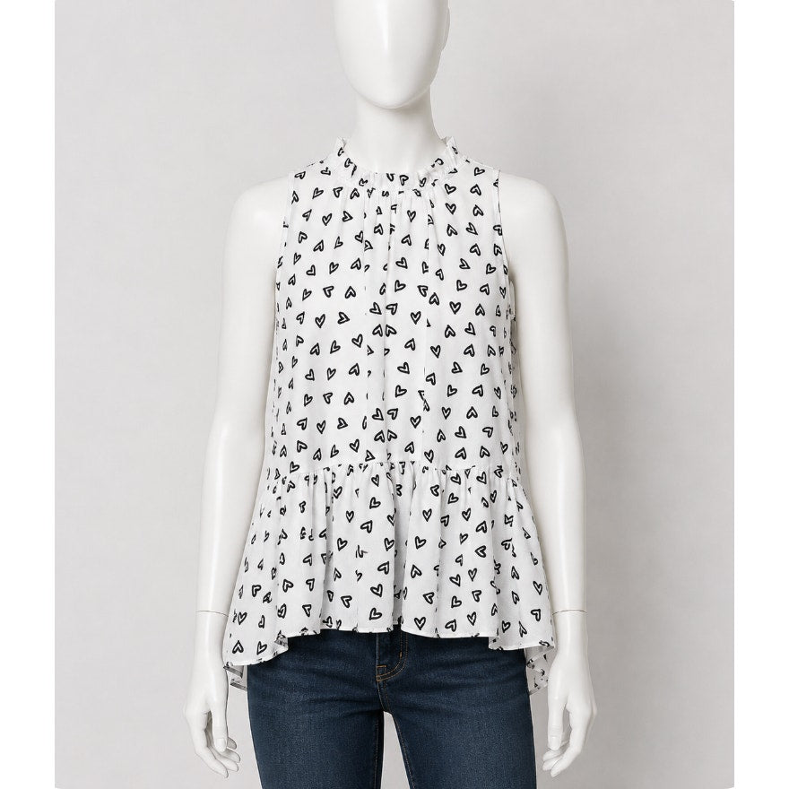 Loft White Peplum Top Black Hearts Sleeveless Ruffle Tie Neck and Ruffle Hem XSP