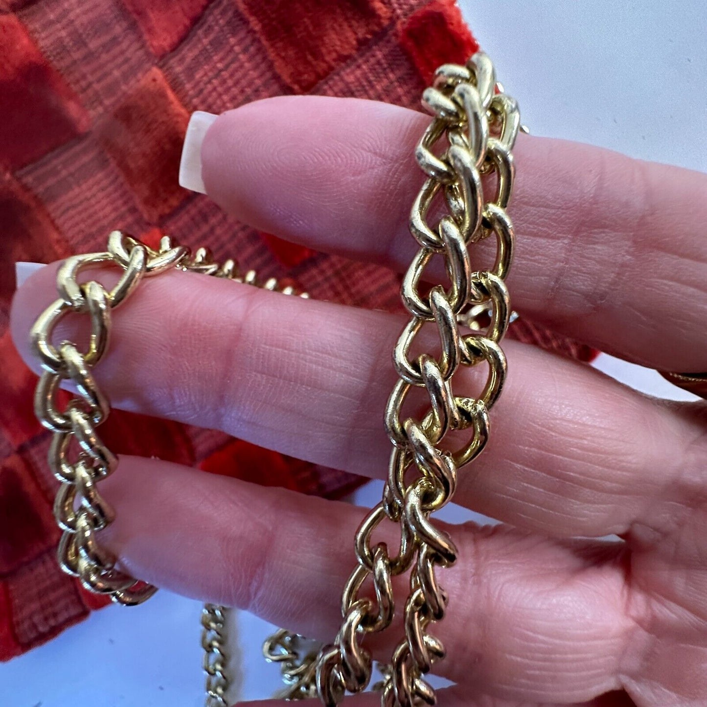 Rust Orange Velvet Checked Gold Chain Strap Zipper Top Slim Mini Purse