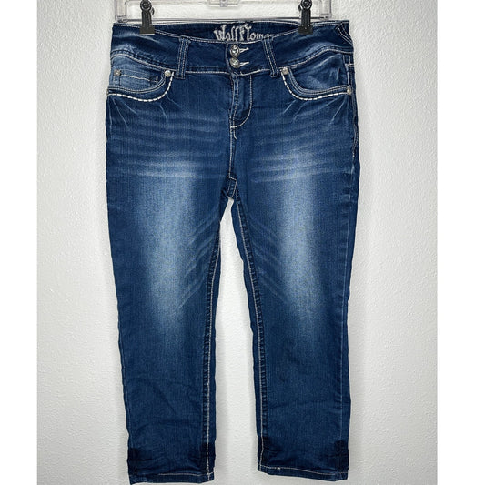 Wallflower Dark Blue Wash Low Rise Whiskered Embroidered Crop Jean 28