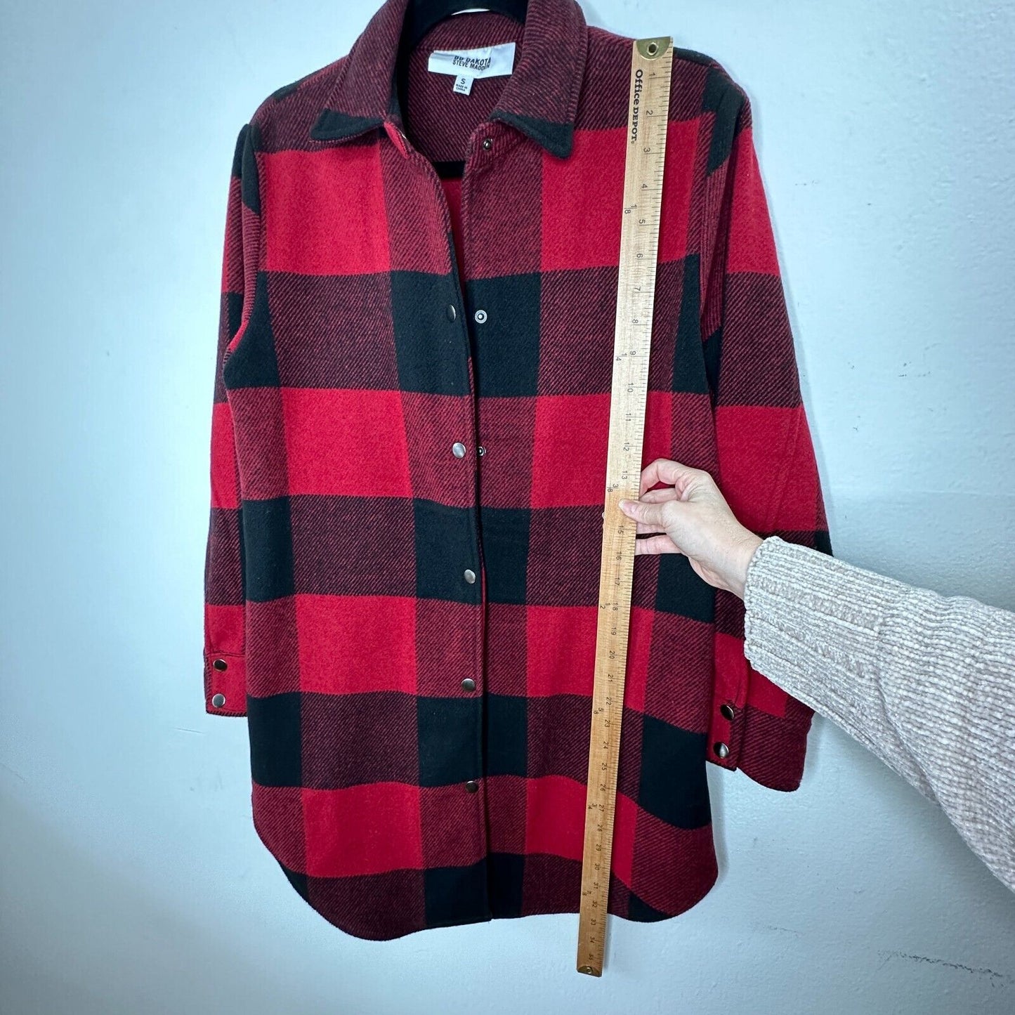 BB Dakota Red Black Buffalo Plaid Snap Front Long Sleeve Shirttail Hem Jacket S
